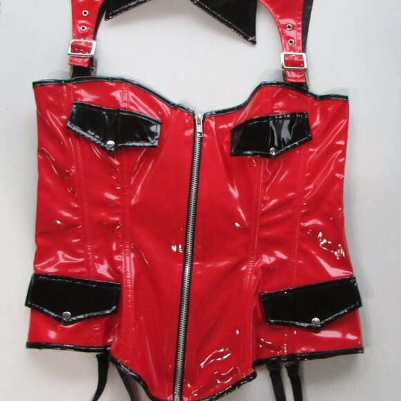 Red Black Shiny Vinyl Collared Corset - S/M - NEW - Picture 3 of 8